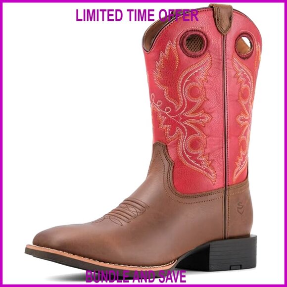 Men's Square Toe Western Boots Full-Grain Leather Slip-Resistant Pull-On